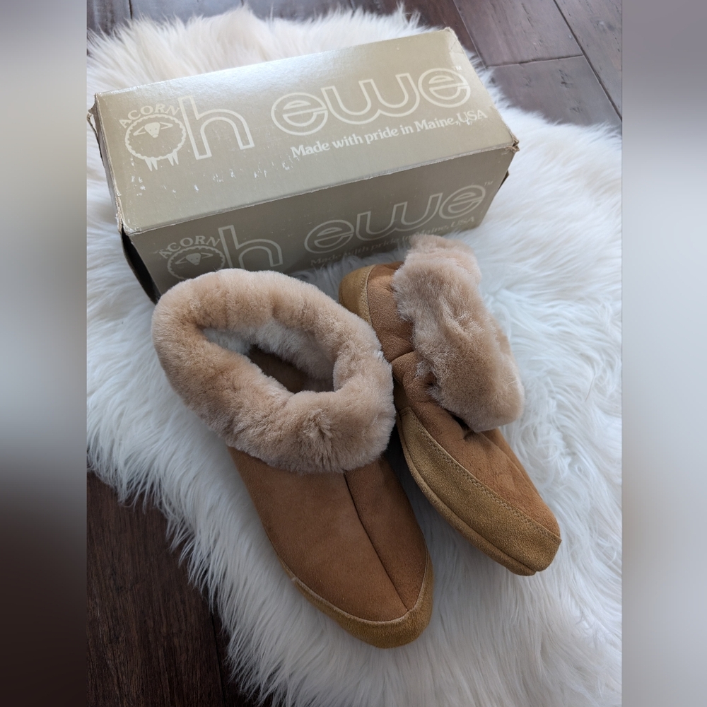 Acorn Oh Ewe Women's Sheepskin Collar Bootie II Slipper Walnut Tan Brown 7.5-8.5